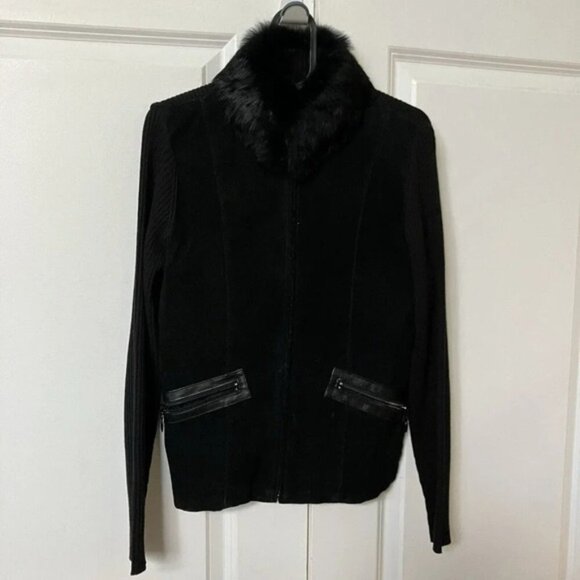 Vintage Sweaters - Y2K Escapade Black Stretch Ribbed Knit Suede Rabbit Fur Collar Sweater Jacket